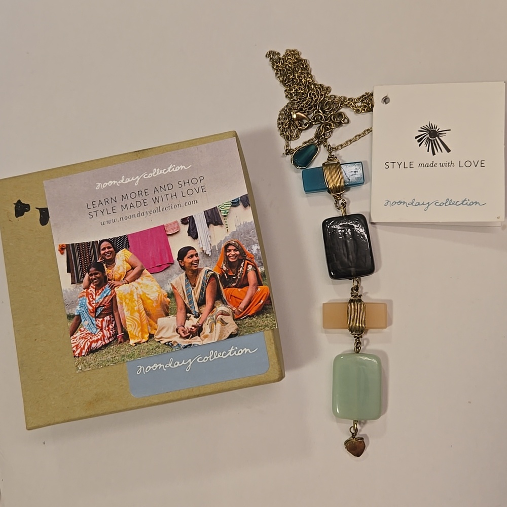 Noonday Collection teal navy pink gold geometric pendant necklace